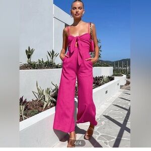 NWT Commense Revolve Jumpsuit Pink 100% Cotton Tie Knot Wide Legs SZ SMALL NEW